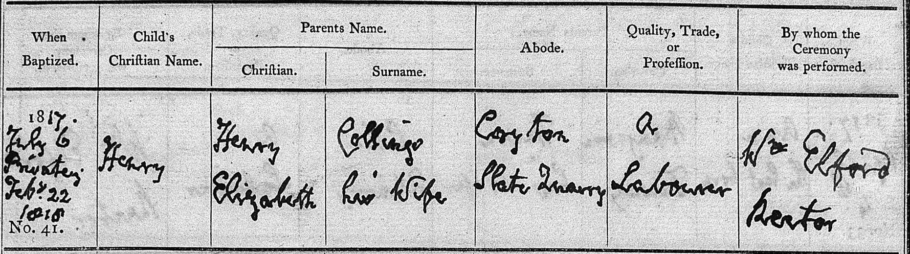 Example Post 1812 Baptism Record