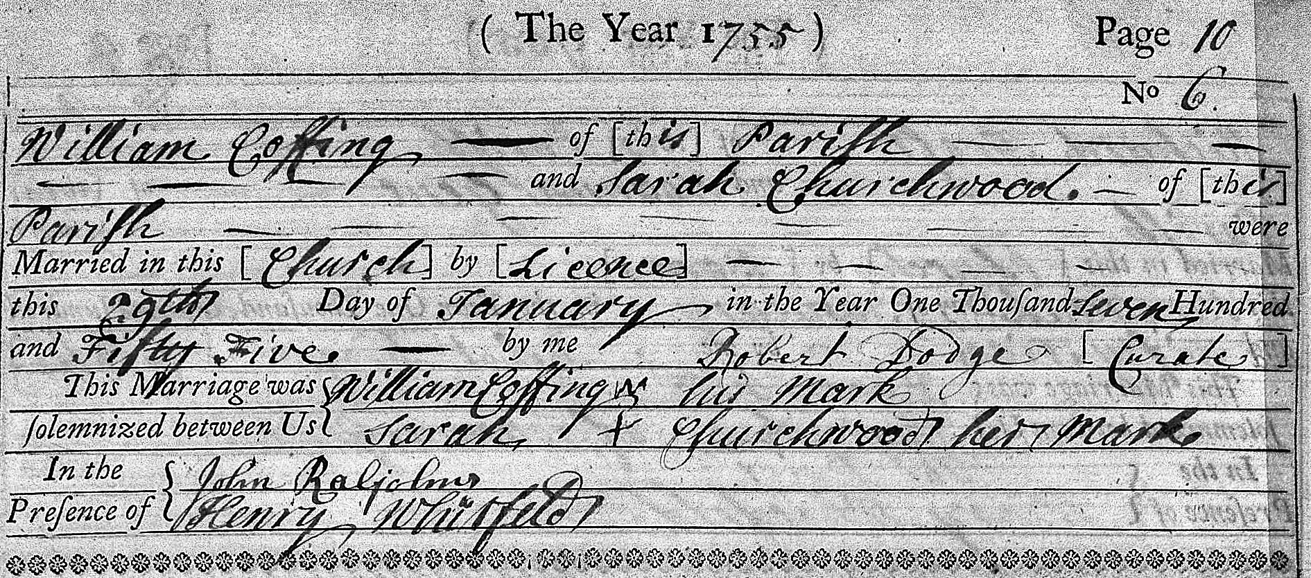 Example Post 1754 Marriage Record